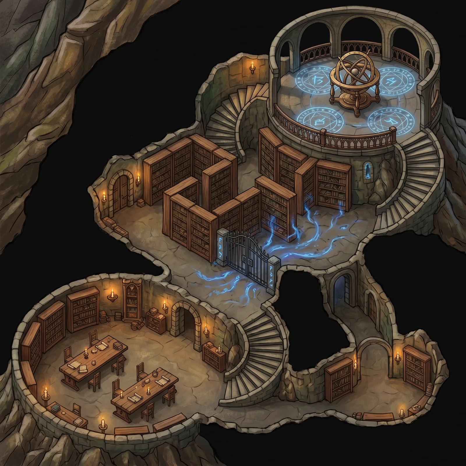 Three-level arcane library carved into a mountainside with an observatory: battle map for a Foundry VTT scene