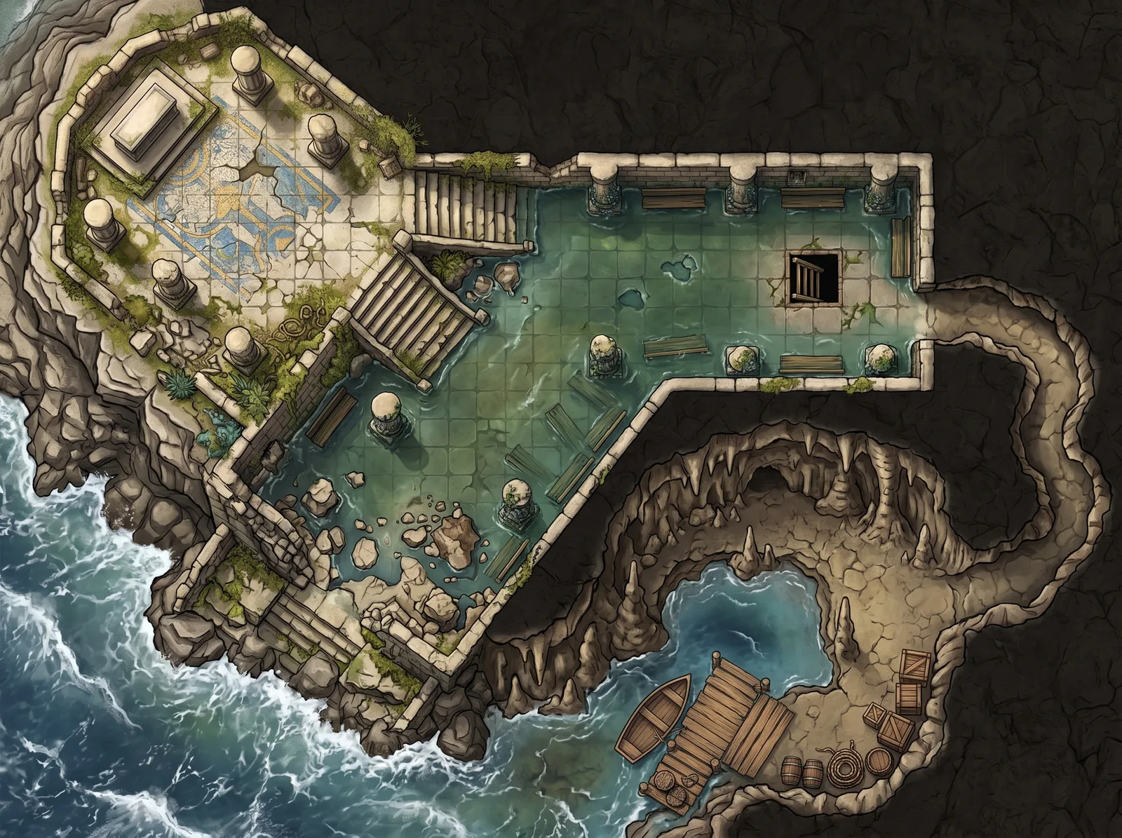 Three-level cliffside temple with a flooded hall and a hidden sea cave: battle map for a Foundry VTT scene