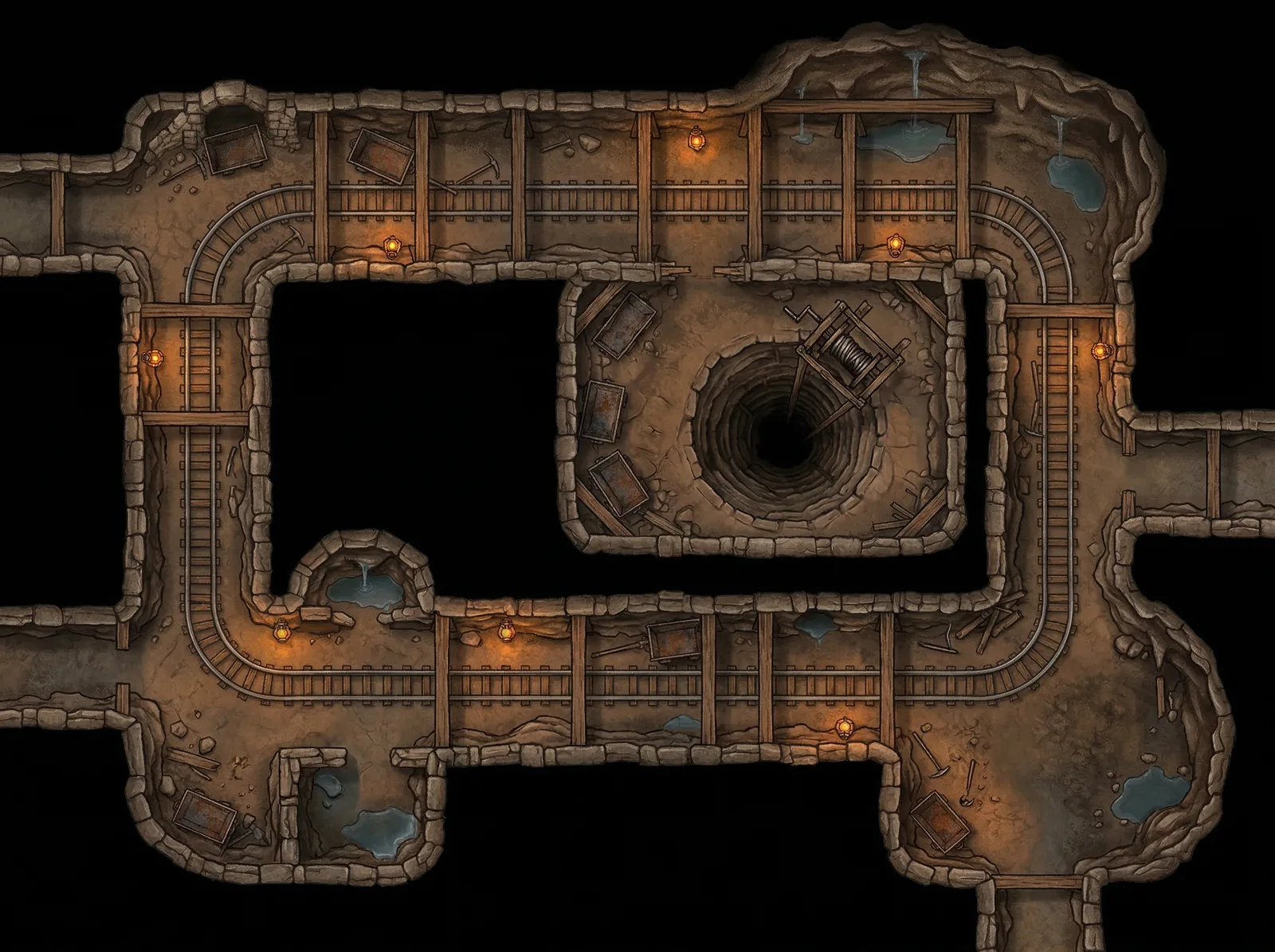 Abandoned dwarven mine with rail tracks and a central shaft: battle map for a Foundry VTT scene
