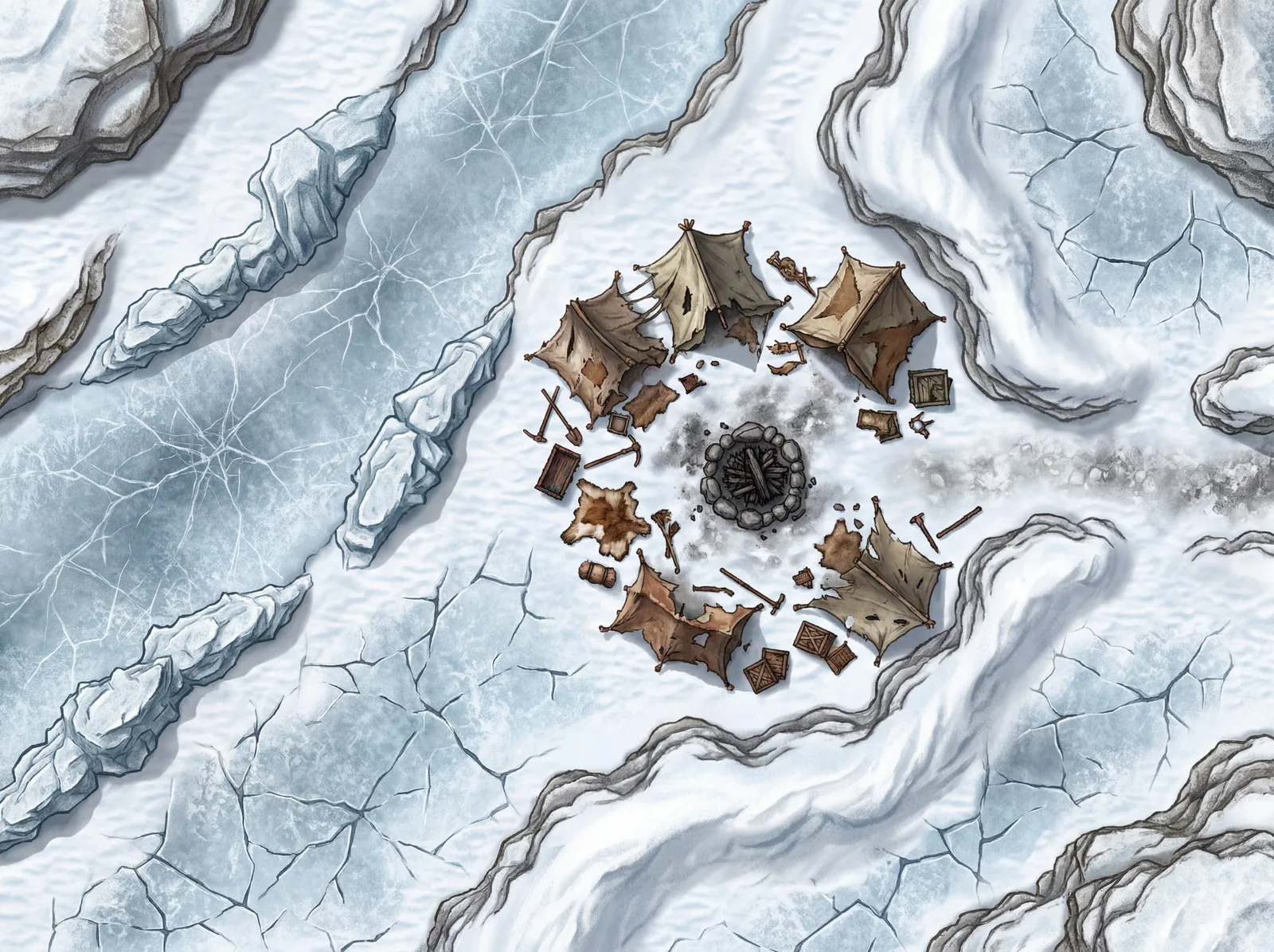 Abandoned campsite on cracked ice with a frozen river: 4K battle map for a Foundry VTT scene