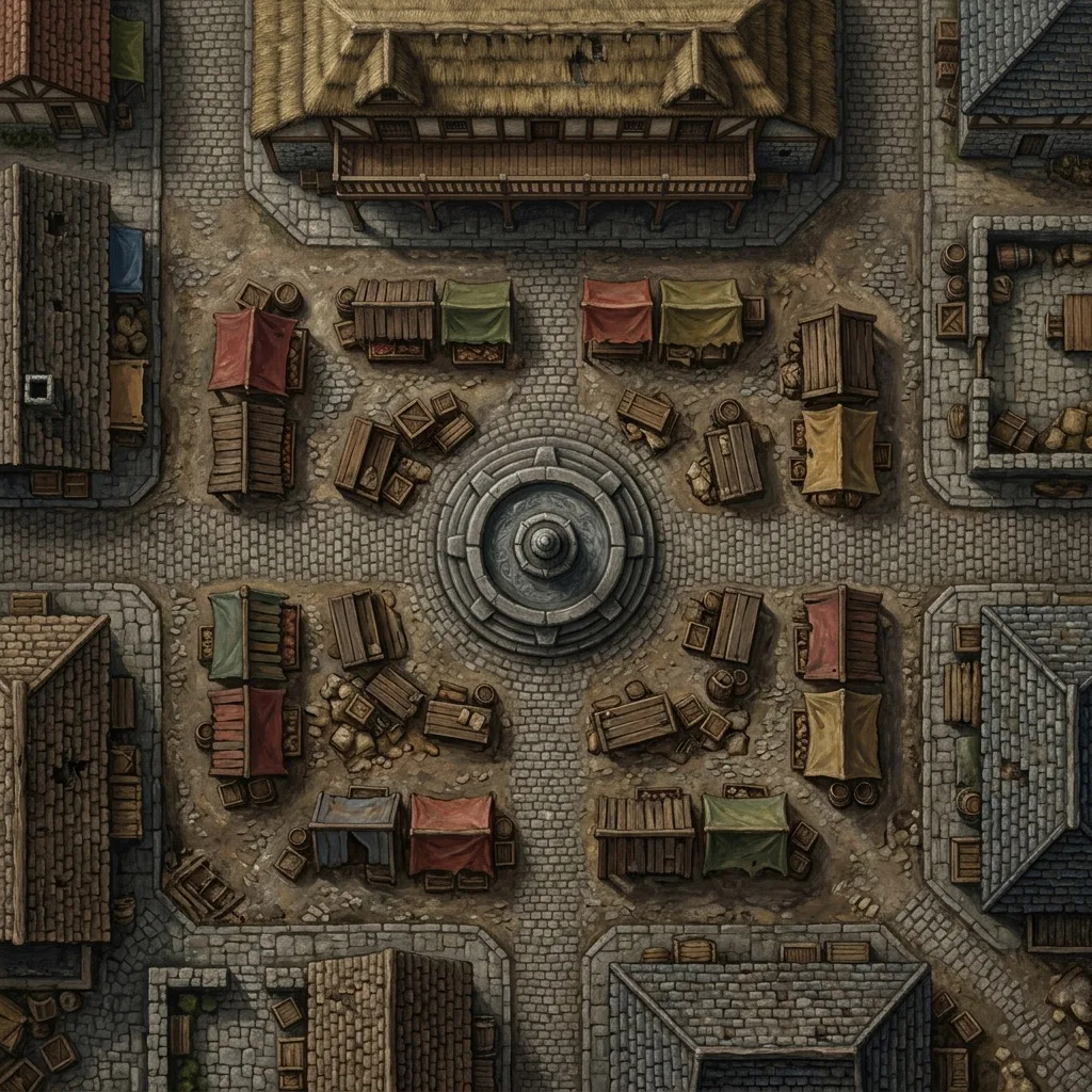 Medieval market square with stalls around a stone fountain: battle map for a Foundry VTT scene