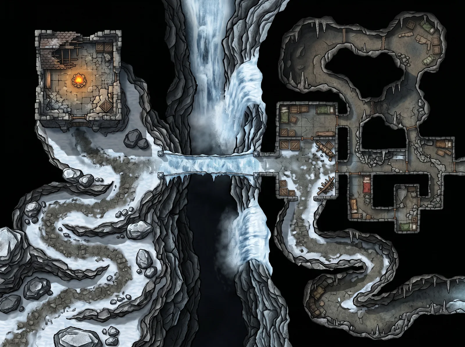 Winter mountain pass with an ice bridge between two outposts: battle map for a Foundry VTT scene