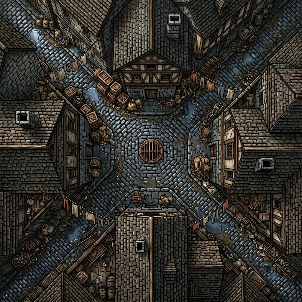 Medieval back alley battle map for D&D with stacked crates and a central sewer grate
