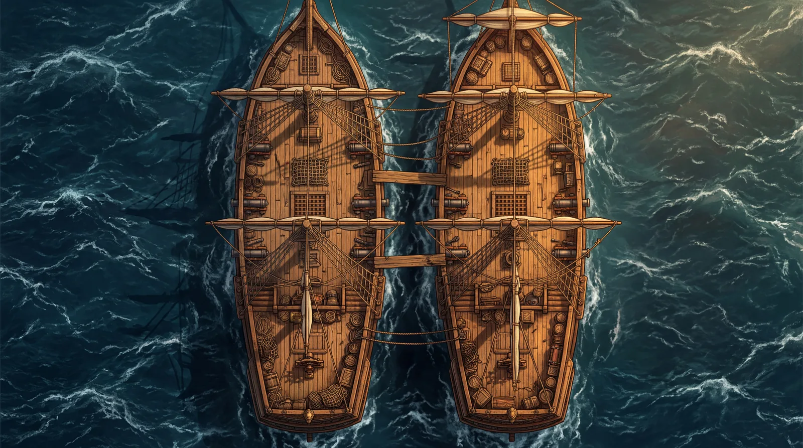 Two sailing ships lashed hull to hull with boarding planks between the decks: cinematic 4K battle map for D&D