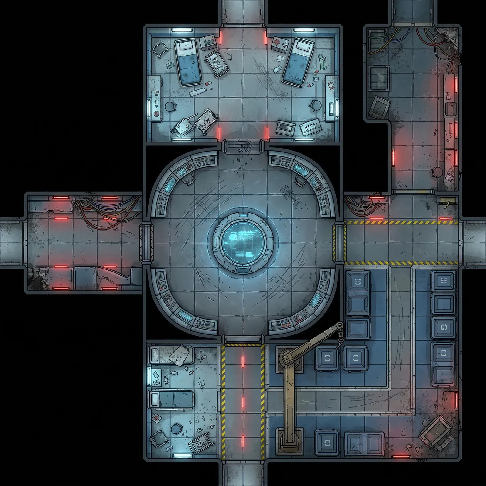 Derelict space station sci-fi battle map for a TTRPG with command hub, medical bay, and cargo bay