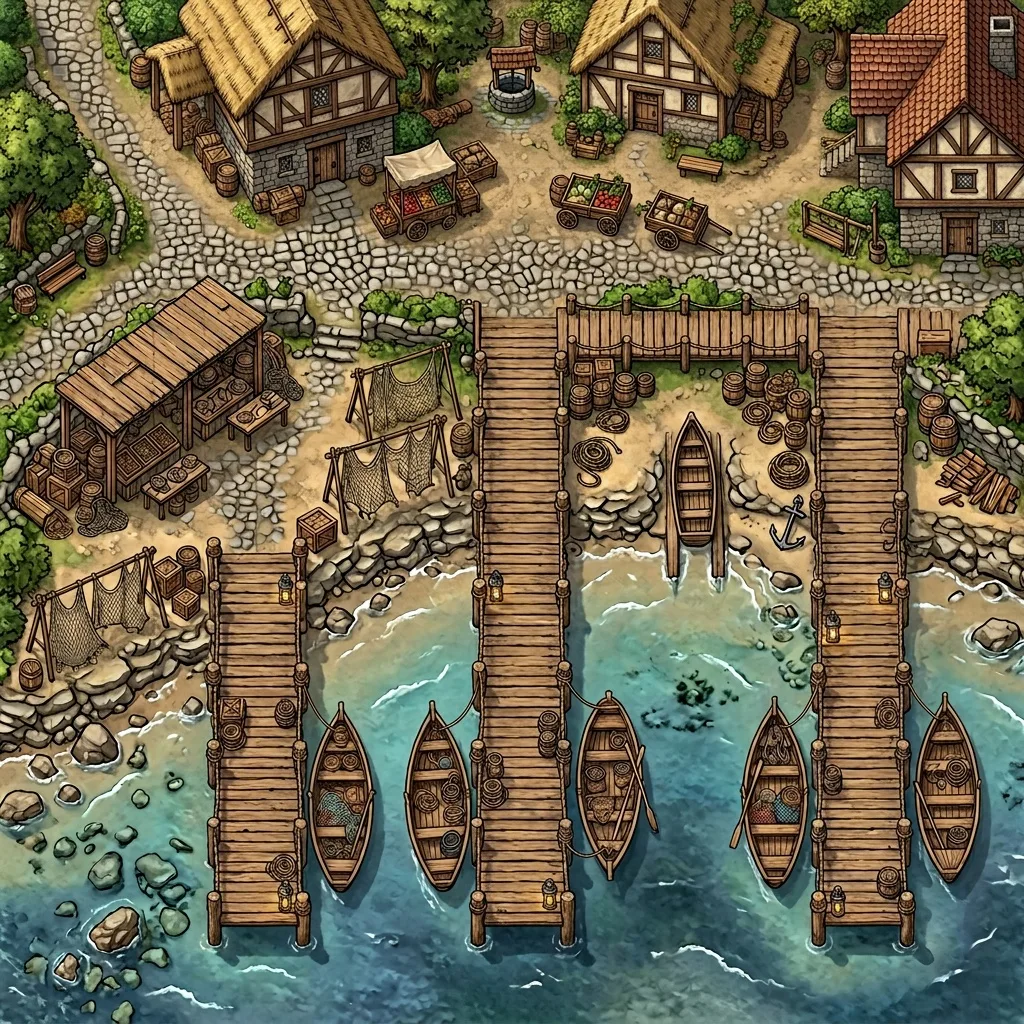 Fishing village docks battle map for D&D with three wooden piers and moored boats