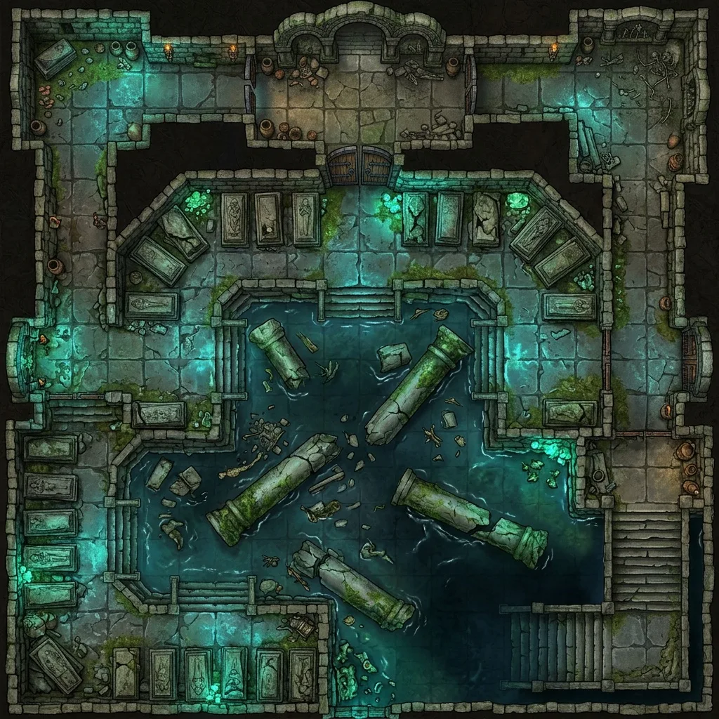 Flooded crypt dungeon battle map for D&D with sarcophagi platforms above dark water