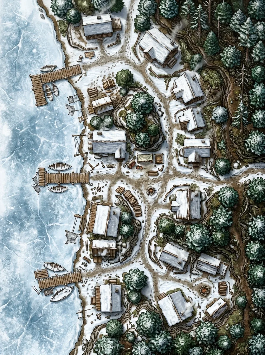 Frozen lakeshore fishing village map for a VTT with docks, cabins, and pine forest