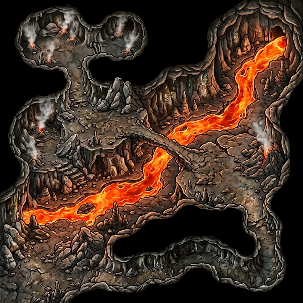Lava tube cave battle map for D&D with a narrow stone bridge over molten rock