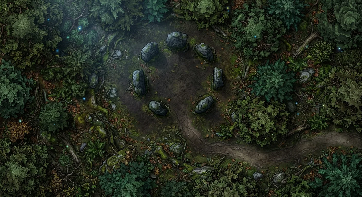 Moonlit forest clearing fantasy battle map for a TTRPG with a circle of ancient standing stones