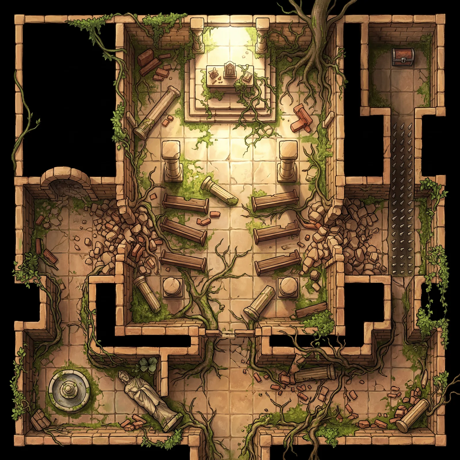 Overgrown temple ruins battle map for a VTT rendered at 4K with a narrow spike pit corridor