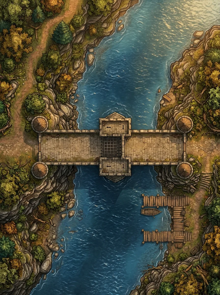 Tall river bridge battle map for a VTT with a central gatehouse and docks below