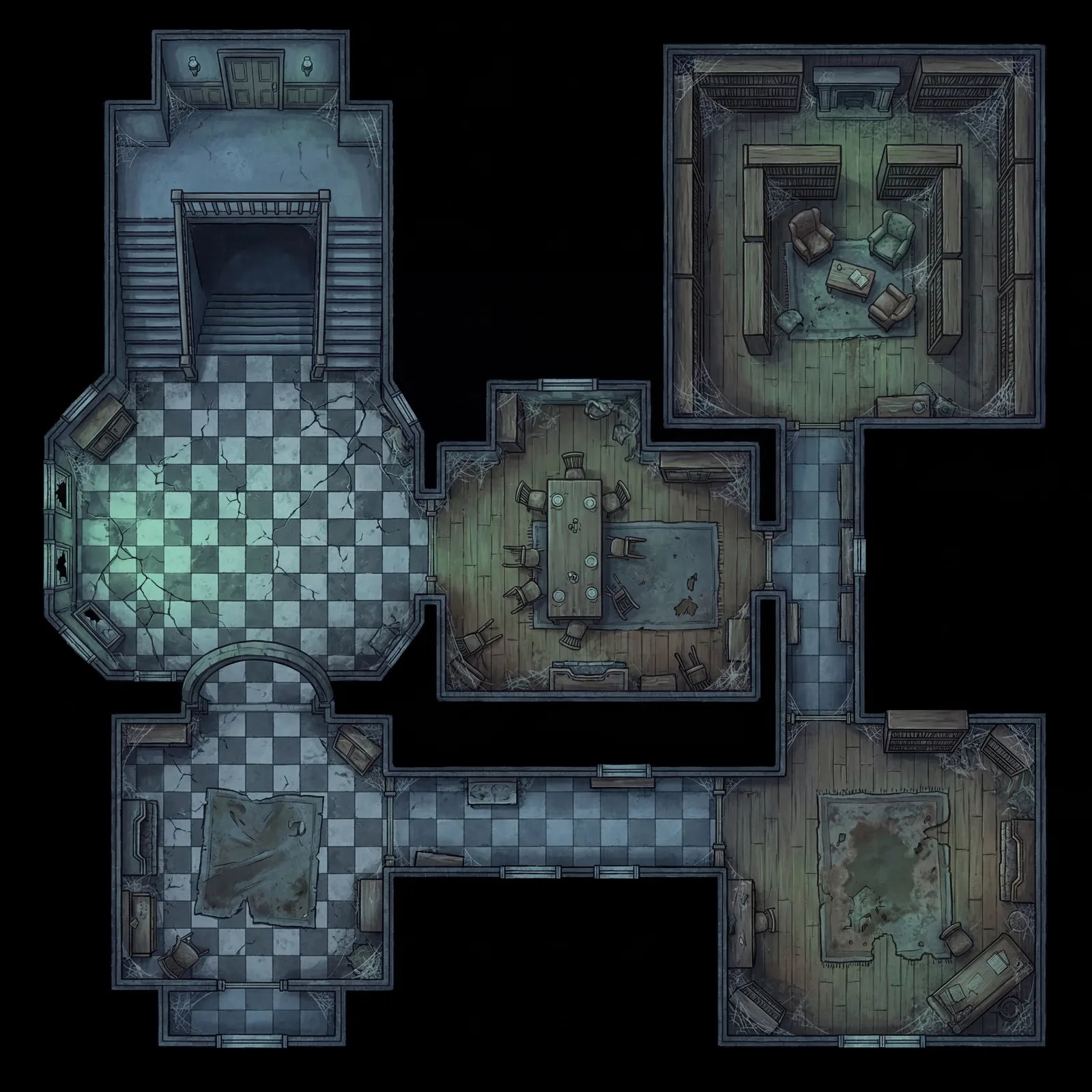 Decaying Victorian manor horror battle map for a TTRPG with five connected rooms