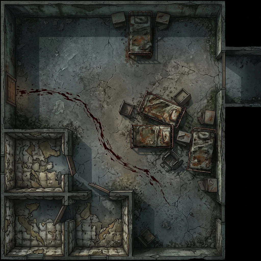 Abandoned asylum ward: horror battle map with rusted beds, padded cells, and a blood trail down the hall seen from above