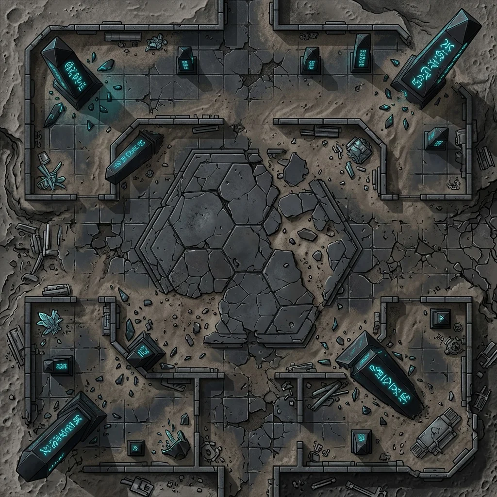 Alien ruins on a barren moon: sci-fi battle map with black monoliths, glowing glyphs, and a cracked landing pad