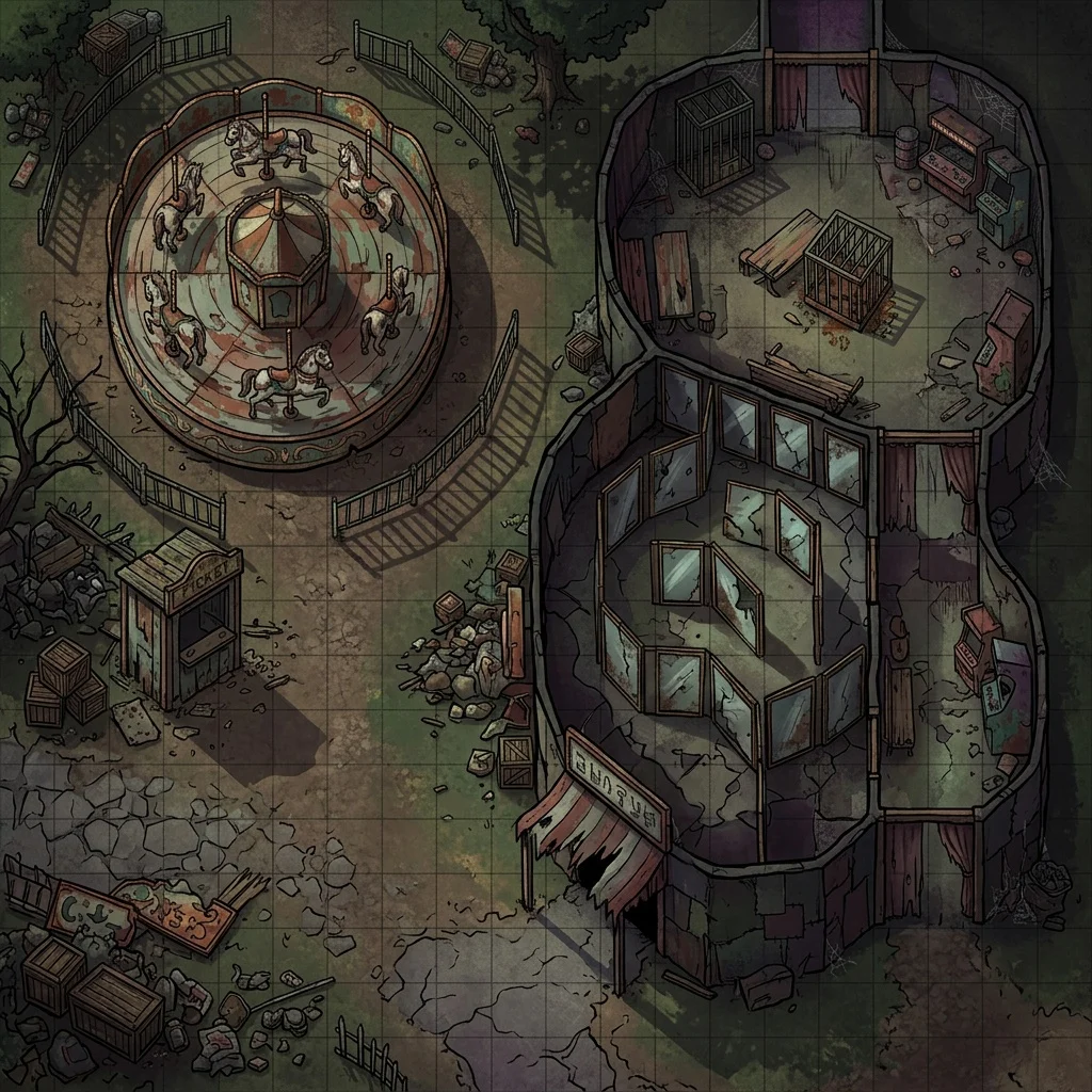 Carnival funhouse: horror battle map with a cracked mirror maze, a stopped carousel, and an empty ticket booth