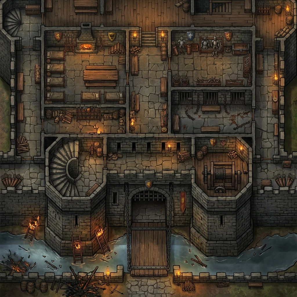 Castle gatehouse under siege: fantasy battle map with a half-raised drawbridge, moat, burning ladders, barracks, and armory seen from above
