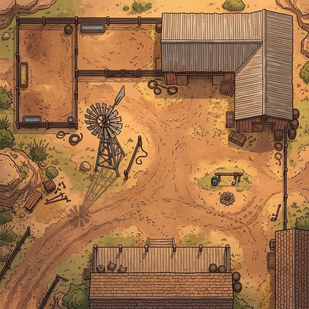 Cattle ranch at dawn: western battle map with a barn, corral, windmill, and a wide ranch house porch