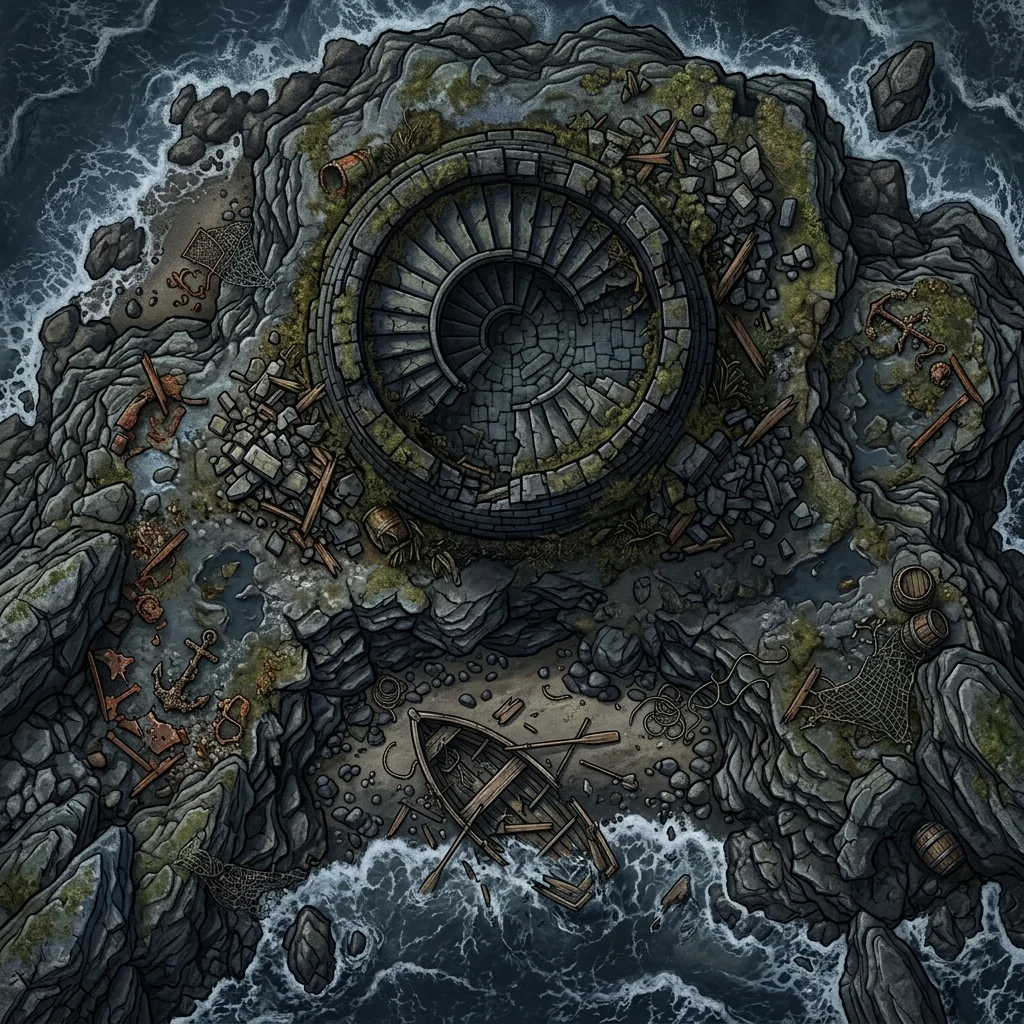Cursed lighthouse on a storm-lashed rock: horror battle map with a spiral stair, breaking waves, and a wrecked rowboat