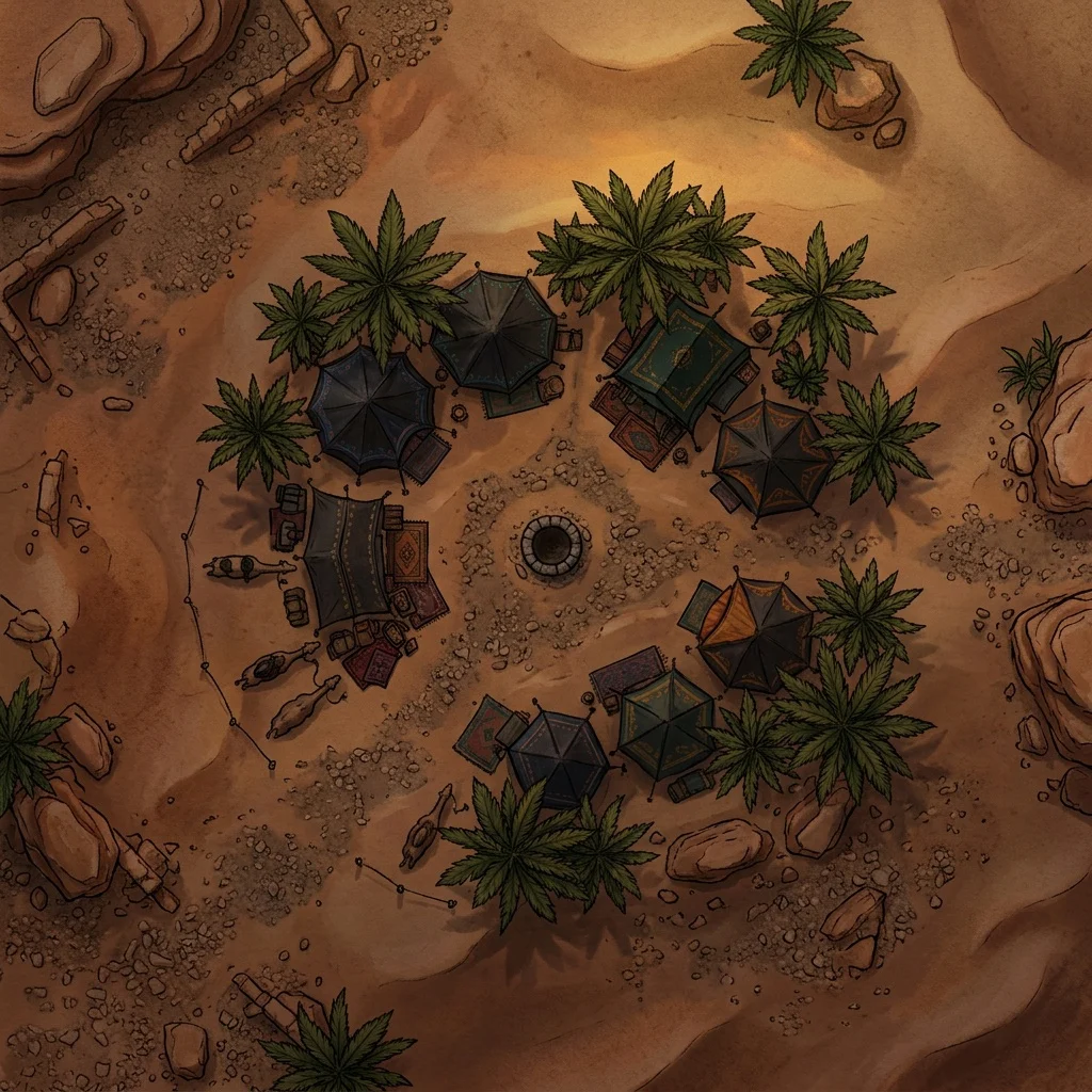 Desert caravan camp at dusk: fantasy battle map with tents around a dry well, palms, rocks, and tethered camels