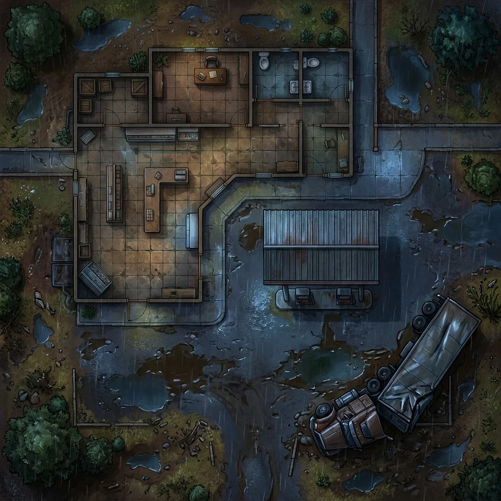 Rain-soaked gas station at midnight: modern battle map with pumps, a convenience store, and an overturned truck