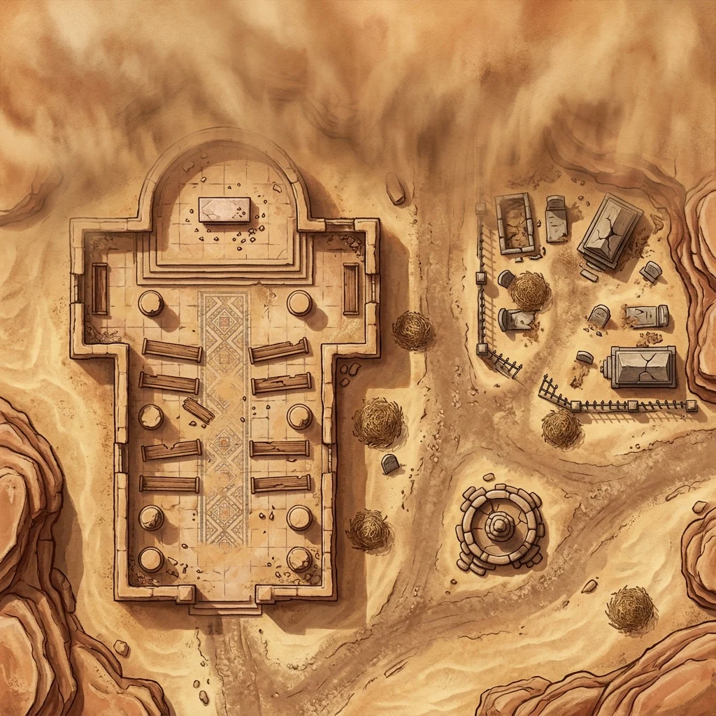 Ghost town church and cemetery: western battle map with a dust storm rolling in, tumbleweeds, and a dry fountain