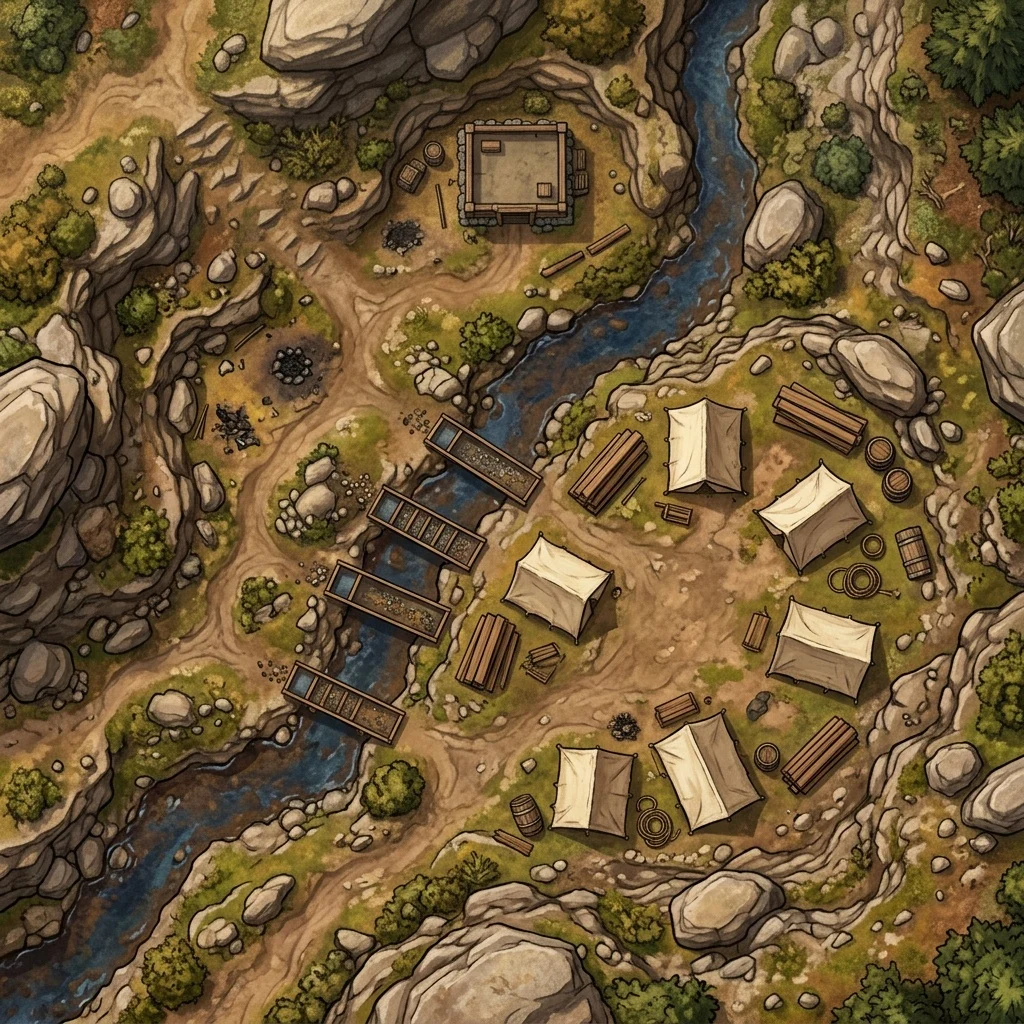 Gold mining camp in a gulch: western battle map with sluice boxes on the creek, canvas tents, and a dynamite shed