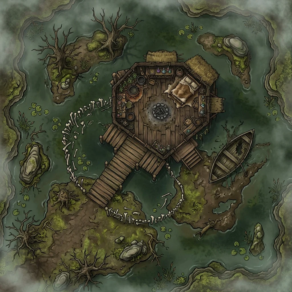 Hag’s hut on stilts in a misty marsh: fantasy battle map with a bone fence, boardwalks, dead trees, and a rotting rowboat