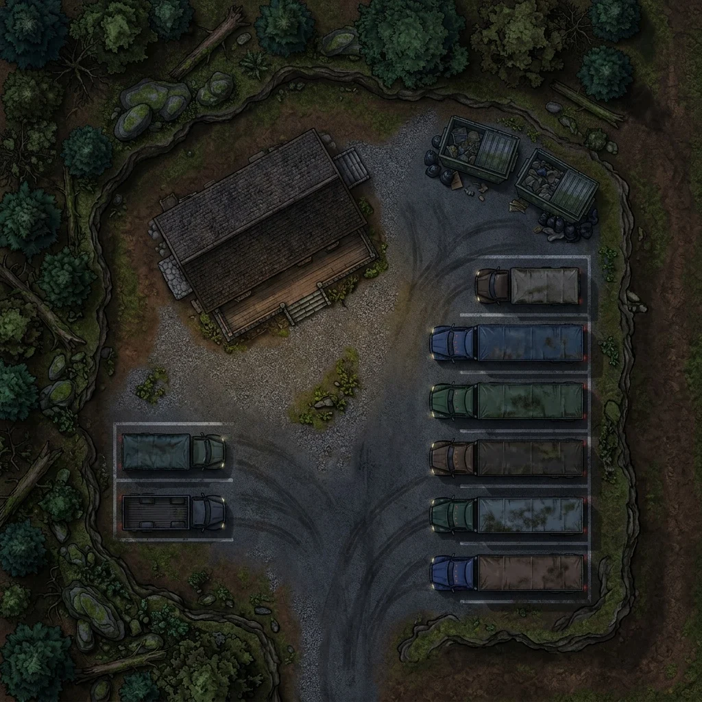 Highway rest stop diner at night: modern battle map with parked semi trucks, dumpsters, and a dark tree line