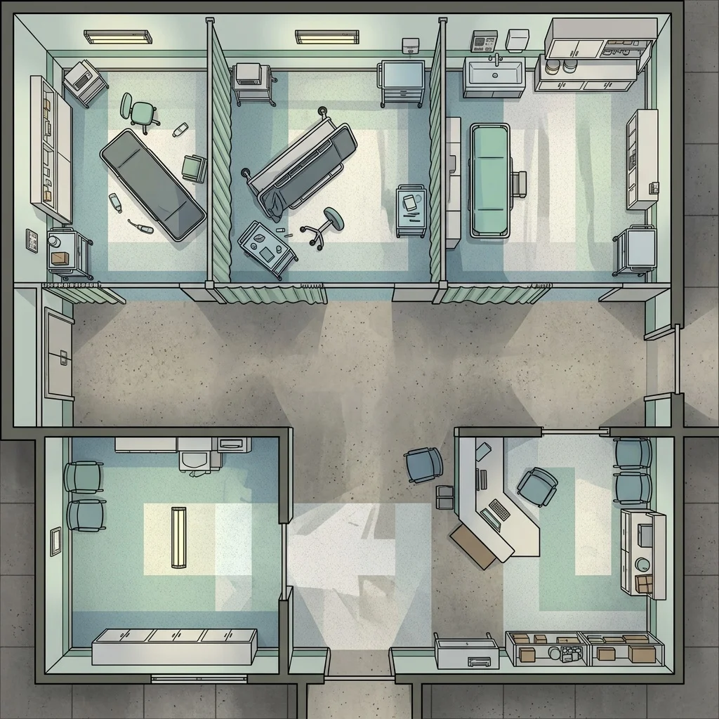 Modern hospital emergency room: battle map with curtained bays, overturned gurneys, and fluorescent-lit corridors