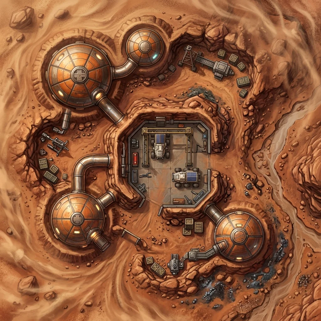 Mars mining colony: sci-fi battle map with pressurized habitat domes, a rover bay, and red dust outside