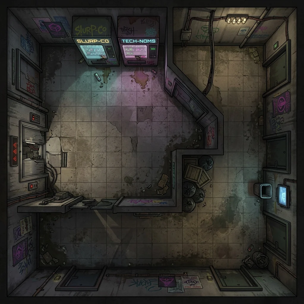 Cyberpunk megablock apartment hallway with graffiti, vending machines, and broken elevator doors