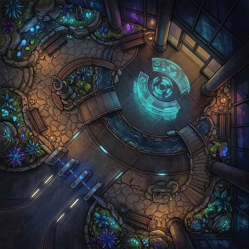 Cyberpunk megacorp lobby at night: battle map with a glass atrium, security turnstiles, and a holographic reception desk seen from above