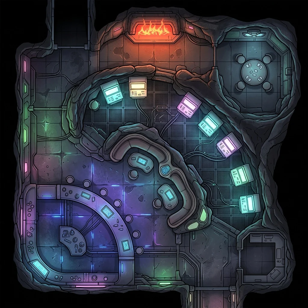 Neon arcade bar with holo game cabinets, a back room card table, and a bouncer’s booth