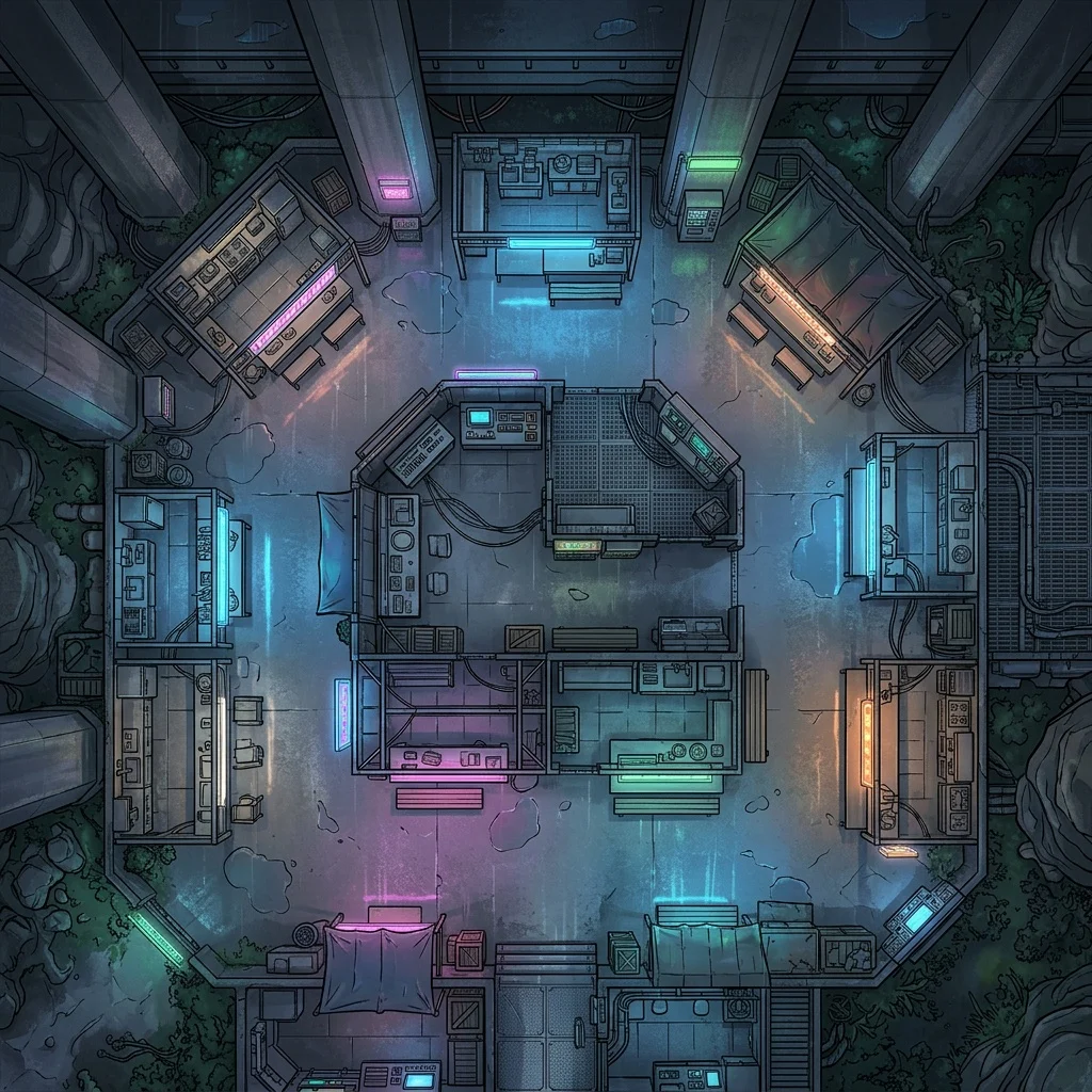 Cyberpunk night market under an overpass: battle map with noodle stalls, neon light, and rain-slick concrete