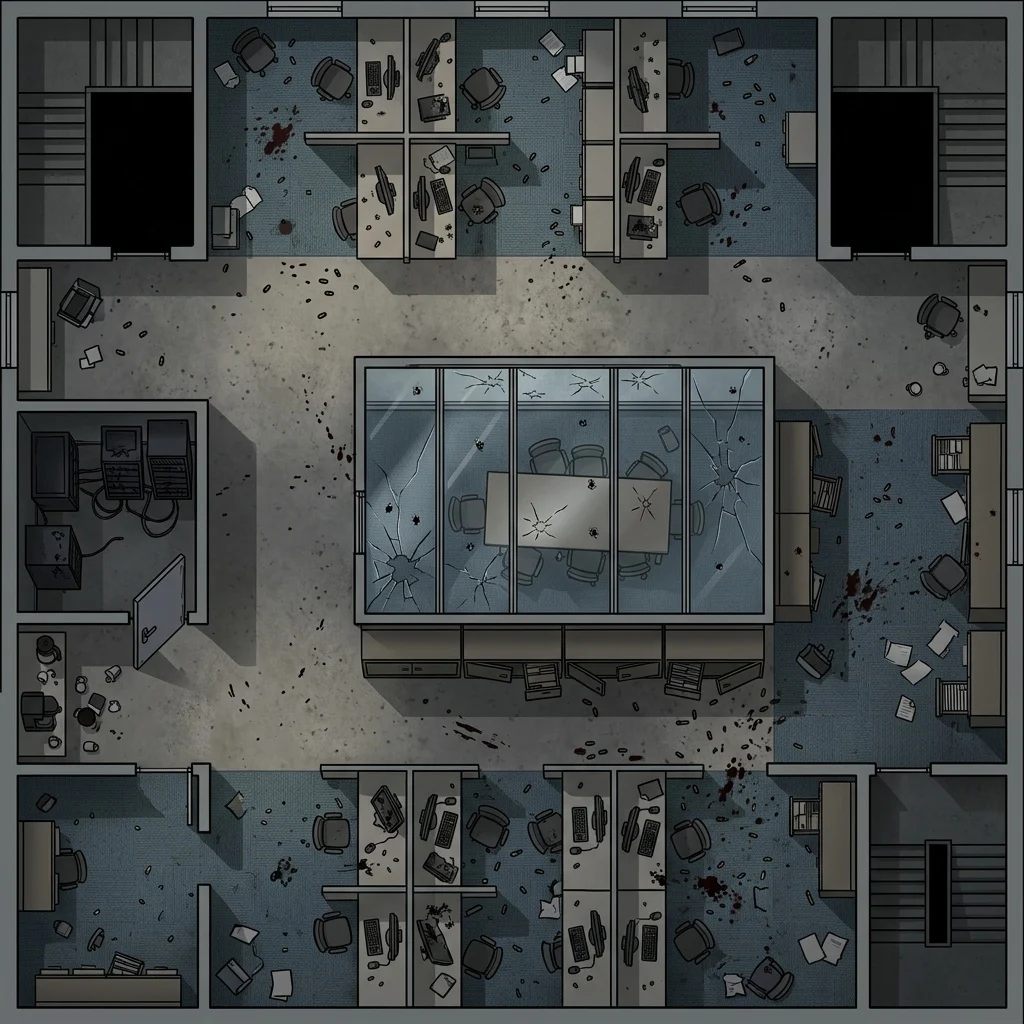 Corporate office floor after a shootout: modern battle map with cubicles, a glass conference room, and a server closet