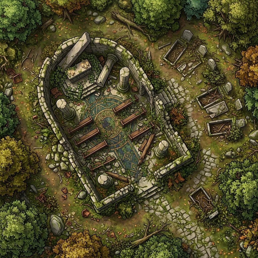Overgrown chapel deep in the woods: horror battle map with a collapsed roof, open graves, and candles still lit
