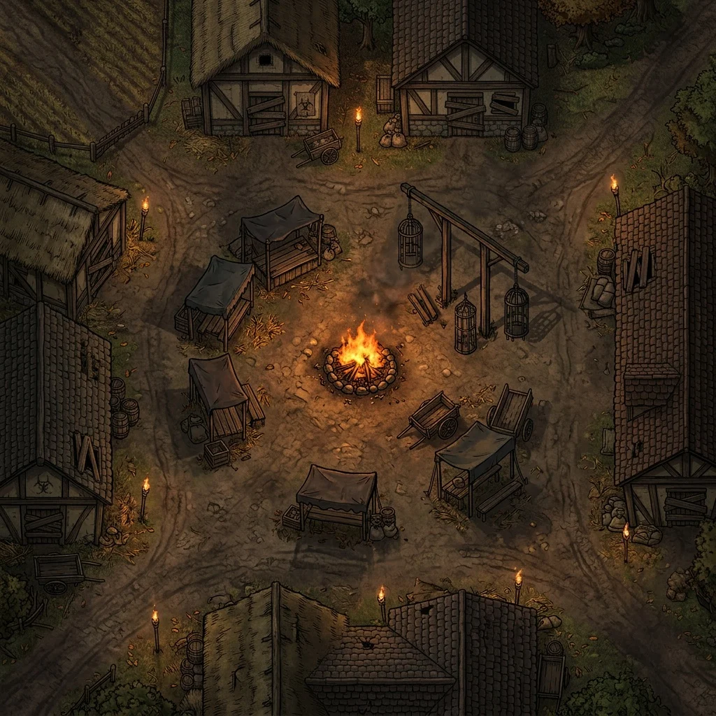 Plague village square at night: horror battle map with boarded doors, a burning pyre, and hanging cages