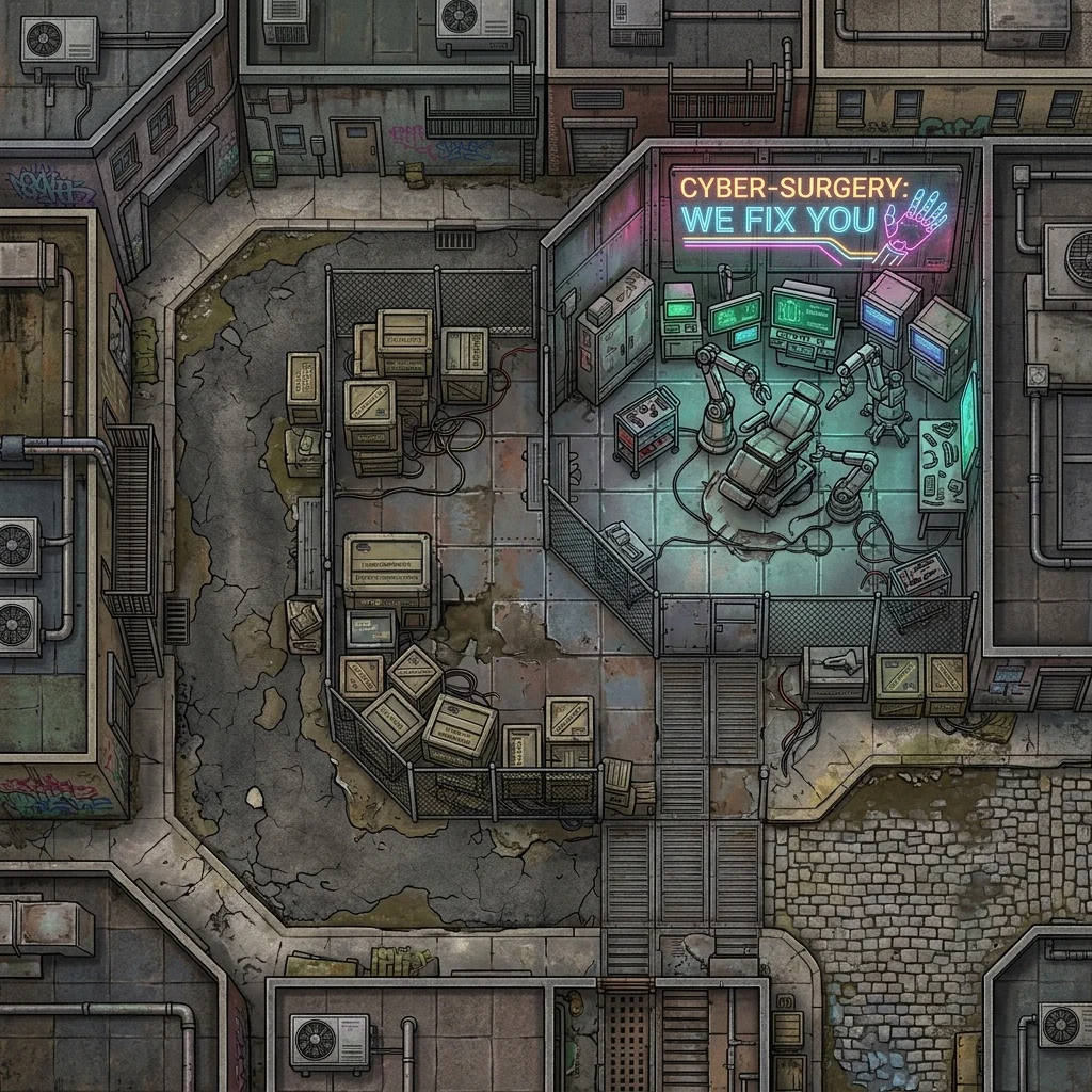 Back-alley ripperdoc clinic: cyberpunk battle map with a surgery chair, cyberware crates, and a flickering neon sign