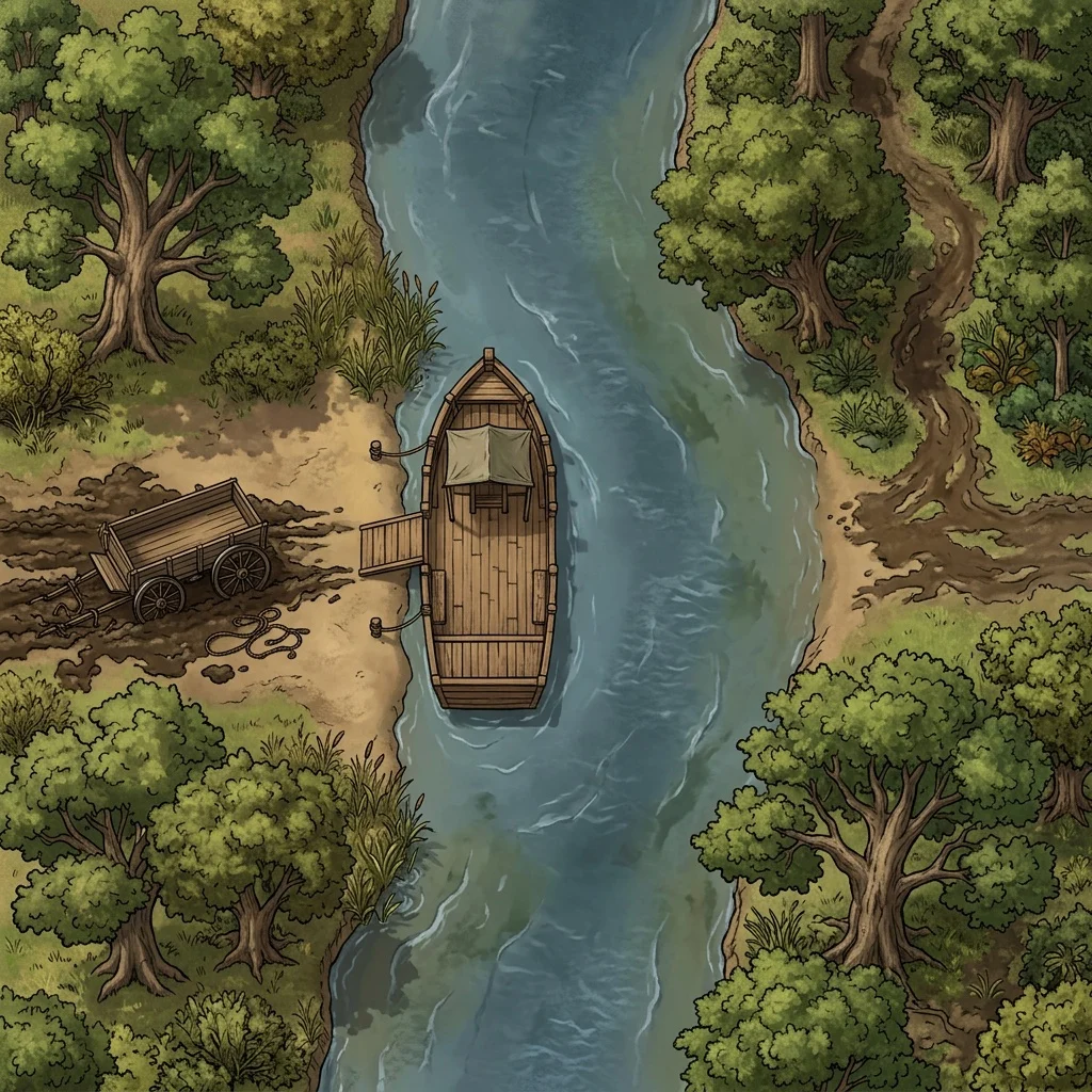 River ferry crossing: western battle map with a flatboat at the bank, cottonwoods, and a wagon stuck in mud