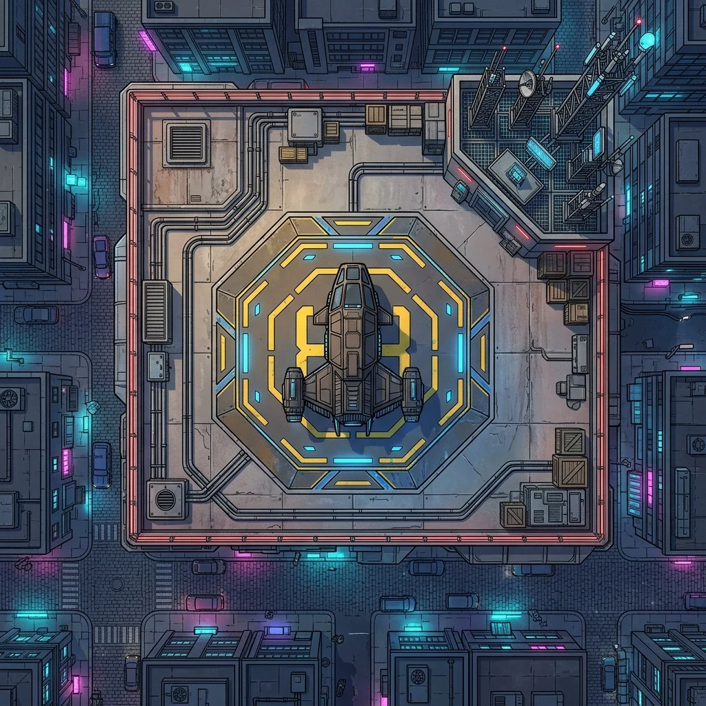 Cyberpunk corporate rooftop landing pad: battle map with a parked aerodyne, antenna arrays, and the neon city below
