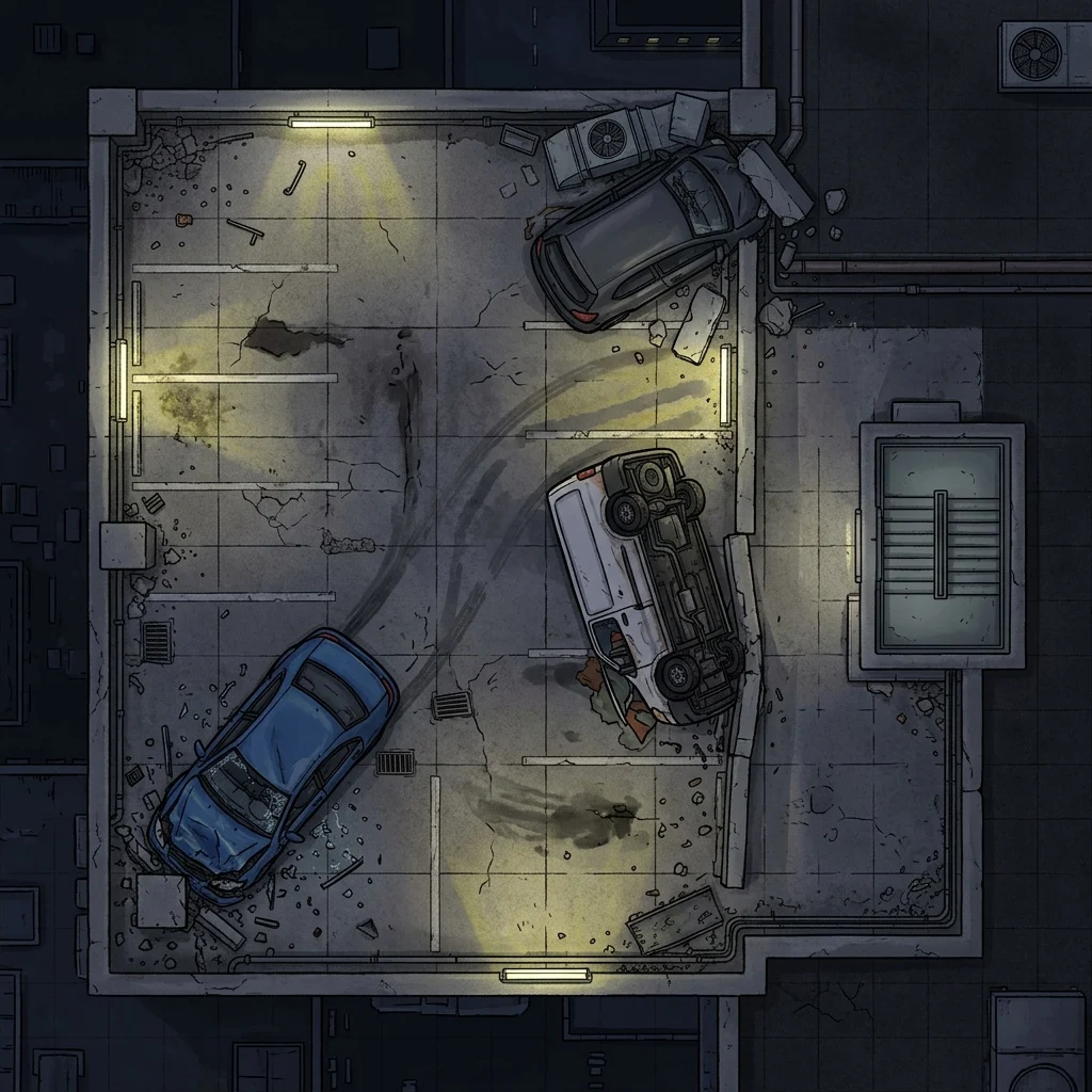 Rooftop parking garage at night: modern battle map with flickering lights, crashed cars, and a stairwell door seen from above