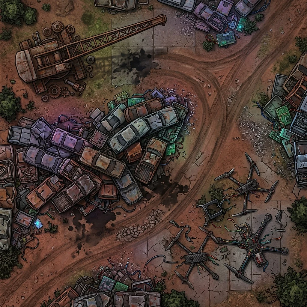 Cyberpunk scrapyard at dusk with crushed cars, drone wreckage, and a rusted crane