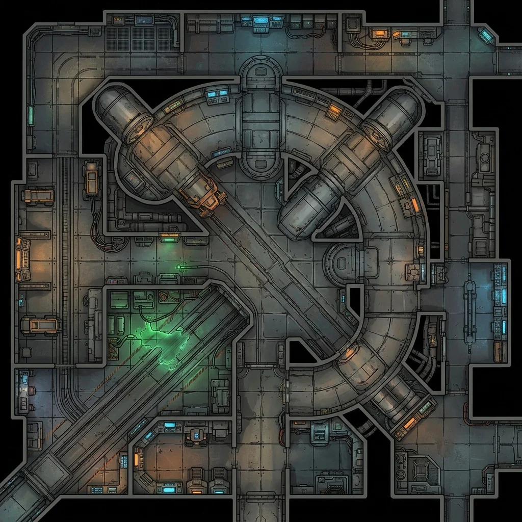 Space station docking ring: sci-fi battle map with airlocks, cargo loaders, curved corridors, and a leaking fuel line