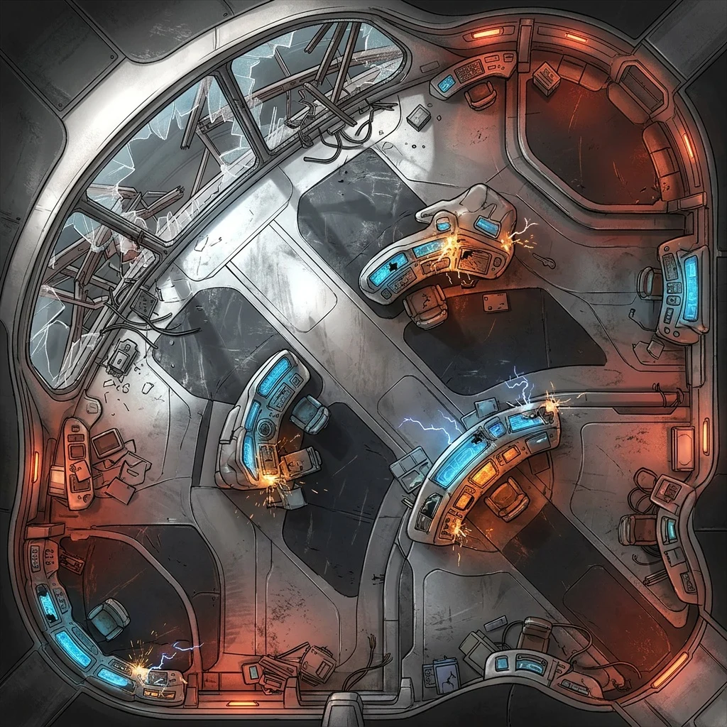 Starship bridge after a boarding: sci-fi battle map with a shattered viewport, sparking consoles, and red emergency lighting seen from above