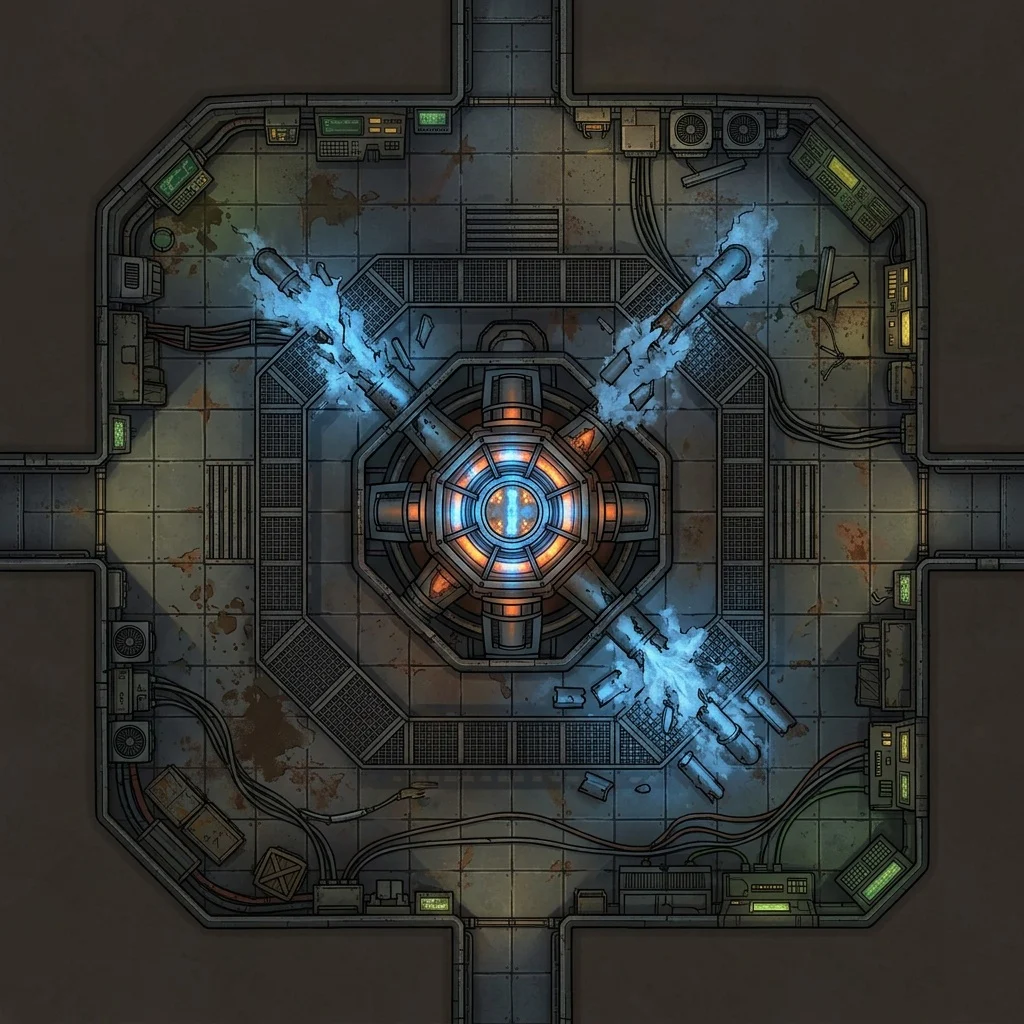 Starship engine room: sci-fi battle map with an exposed reactor core, catwalks, and ruptured coolant pipes