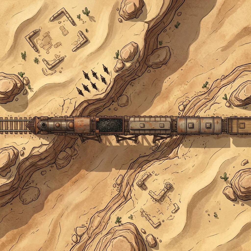 Steam train robbery: western battle map with cars stopped on a desert trestle bridge, coal tender open, seen from above