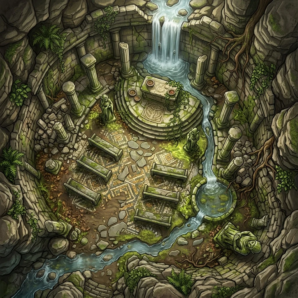 Sunken elven shrine: fantasy battle map with a waterfall through the broken roof, mossy statues, columns, and a mosaic floor