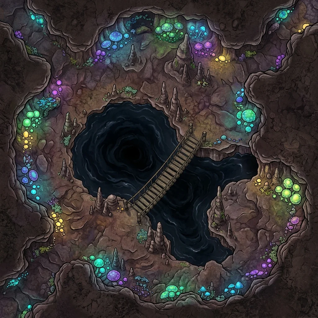 Underdark fungus cavern: fantasy battle map with glowing mushrooms, stalagmites, and a rope bridge over a black lake