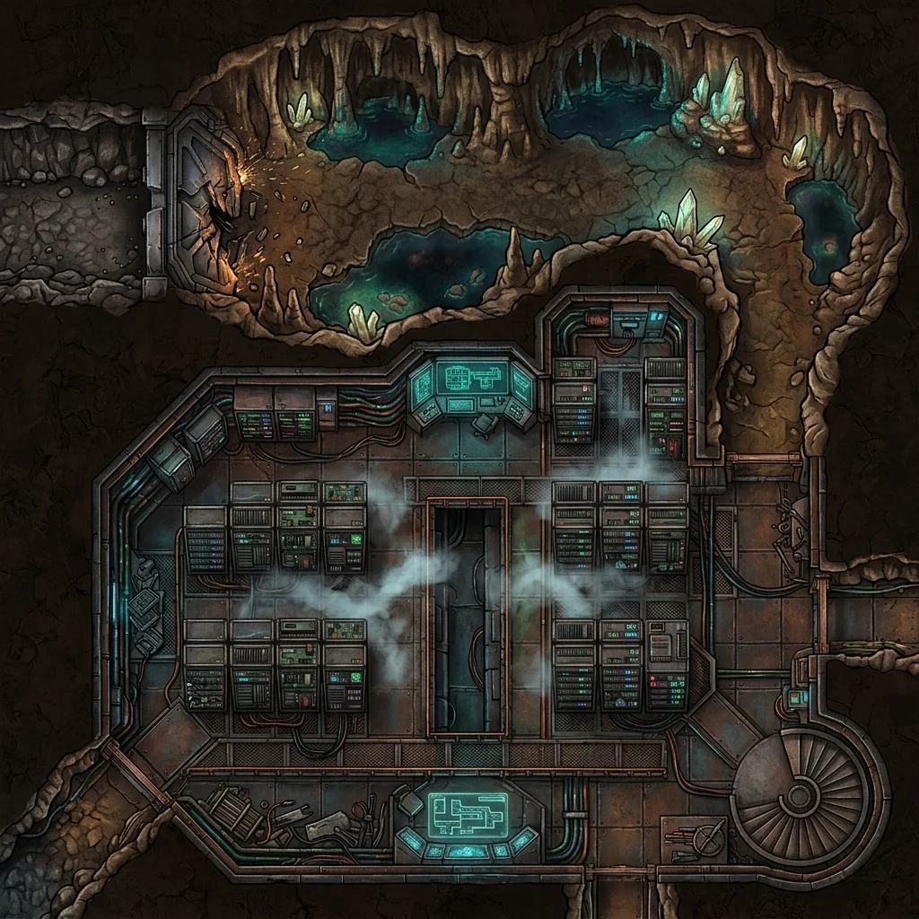 Cyberpunk underground data vault: battle map with server racks, coolant mist, and a breached blast door